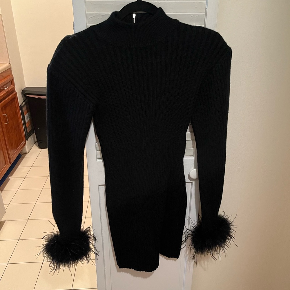 Nonchalant the Label Black Sweater Dress with Feather Cuffs